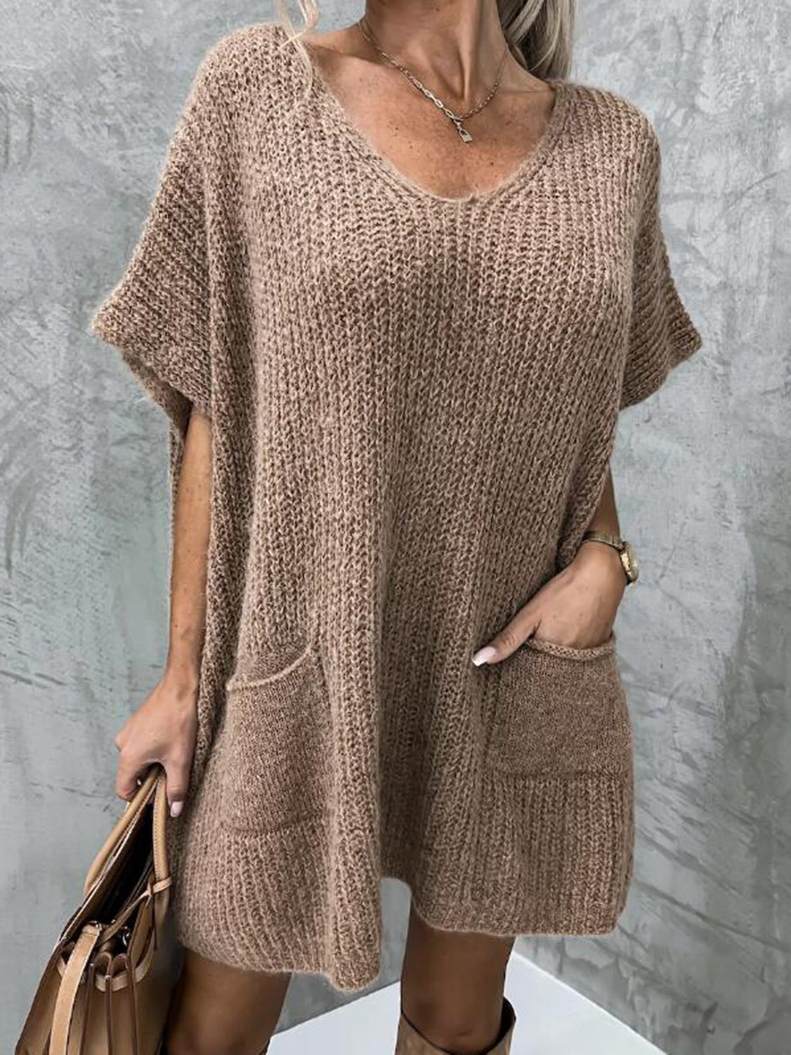 Short-Sleeve Sweater Dress with Pockets