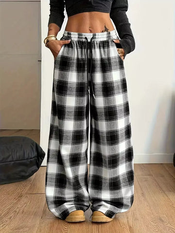 Plus Size Plaid Wide-Leg Drawstring Pants