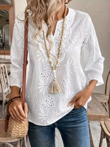 Full Size Embroidered Eyelet Long Sleeve Blouse Plus Size