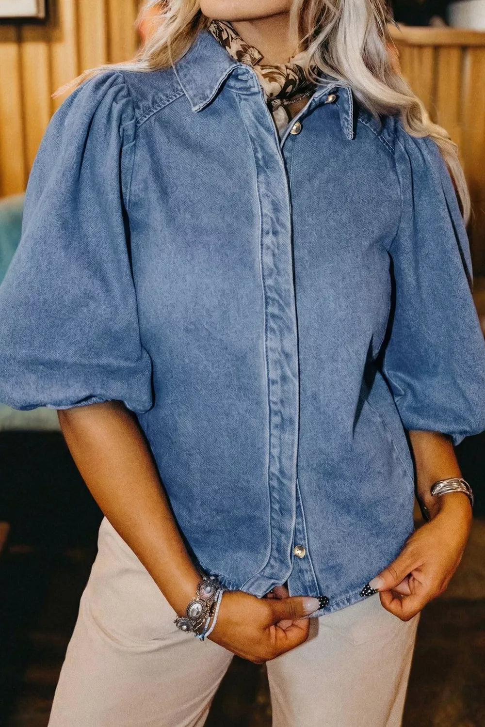 Puff Half Sleeve Collared Denim Shirt