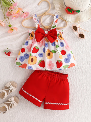 Children's Fruit Print Tank Top & Solid Shorts Set