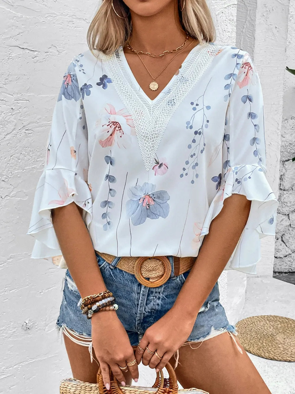 Honey Ruffled Printed V Neck Half Sleeve Blouse