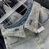 American high street washed denim skirt, skirt design niche, diamond-encrusted letter denim skirt, female hot girl