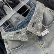 American high street washed denim skirt, skirt design niche, diamond-encrusted letter denim skirt, female hot girl