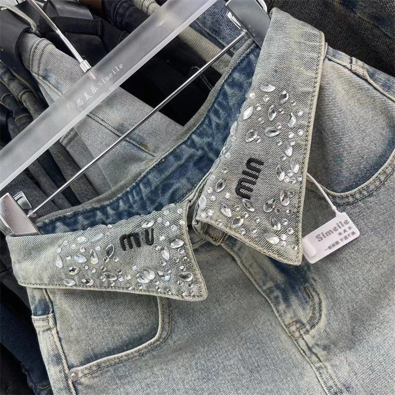American high street washed denim skirt, skirt design niche, diamond-encrusted letter denim skirt, female hot girl