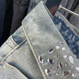 American high street washed denim skirt, skirt design niche, diamond-encrusted letter denim skirt, female hot girl
