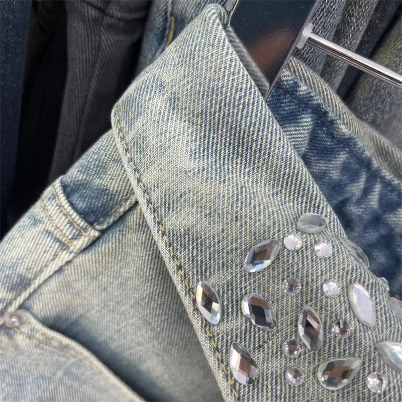 American high street washed denim skirt, skirt design niche, diamond-encrusted letter denim skirt, female hot girl