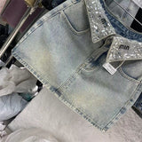 American high street washed denim skirt, skirt design niche, diamond-encrusted letter denim skirt, female hot girl