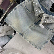 American high street washed denim skirt, skirt design niche, diamond-encrusted letter denim skirt, female hot girl