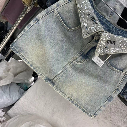 American high street washed denim skirt, skirt design niche, diamond-encrusted letter denim skirt, female hot girl