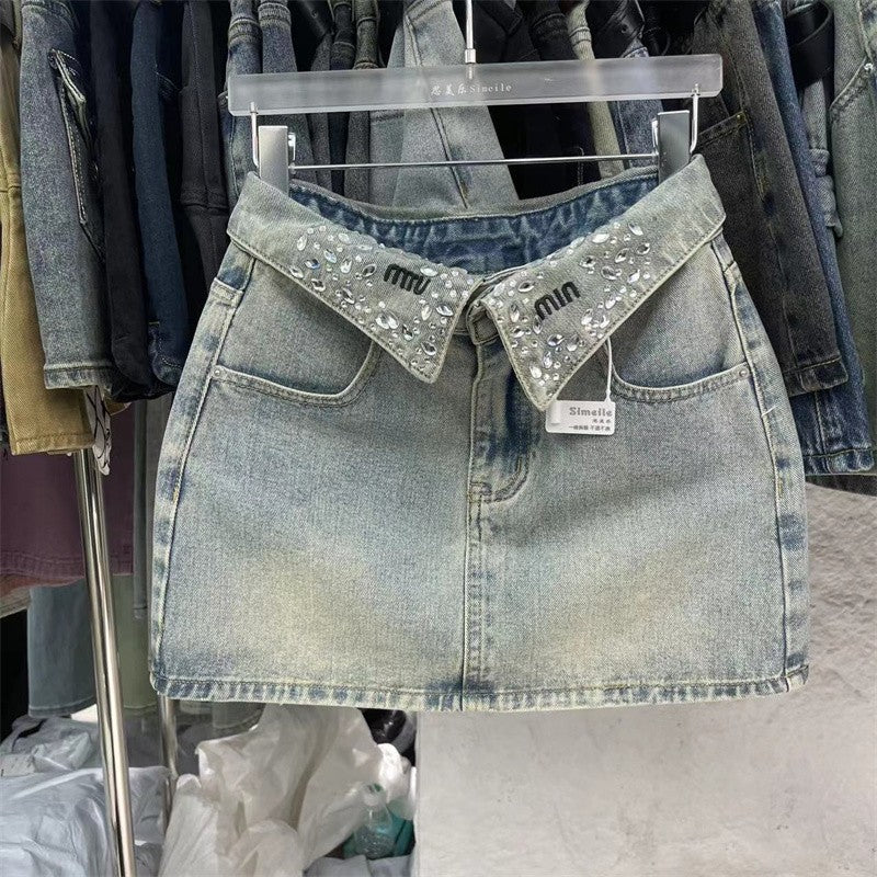 American high street washed denim skirt, skirt design niche, diamond-encrusted letter denim skirt, female hot girl