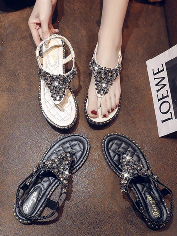 Rhinestone Embellished T Strap Flat Sandals