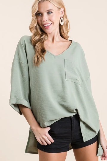 BiBi Flowy Woven V Neck Top with Rolled Up Cuffs