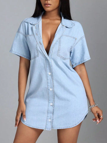 Button Down Short Sleeve Denim Dress