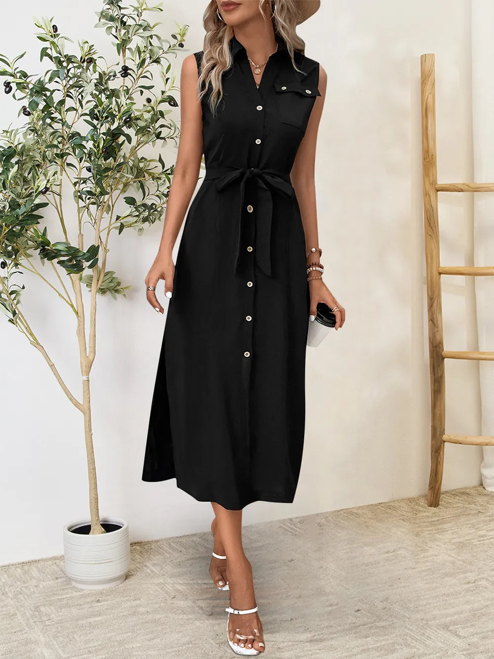 Perfee Button Up Sleeveless Midi Dress