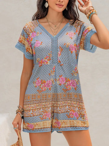 Printed V Neck Short Sleeve Romper