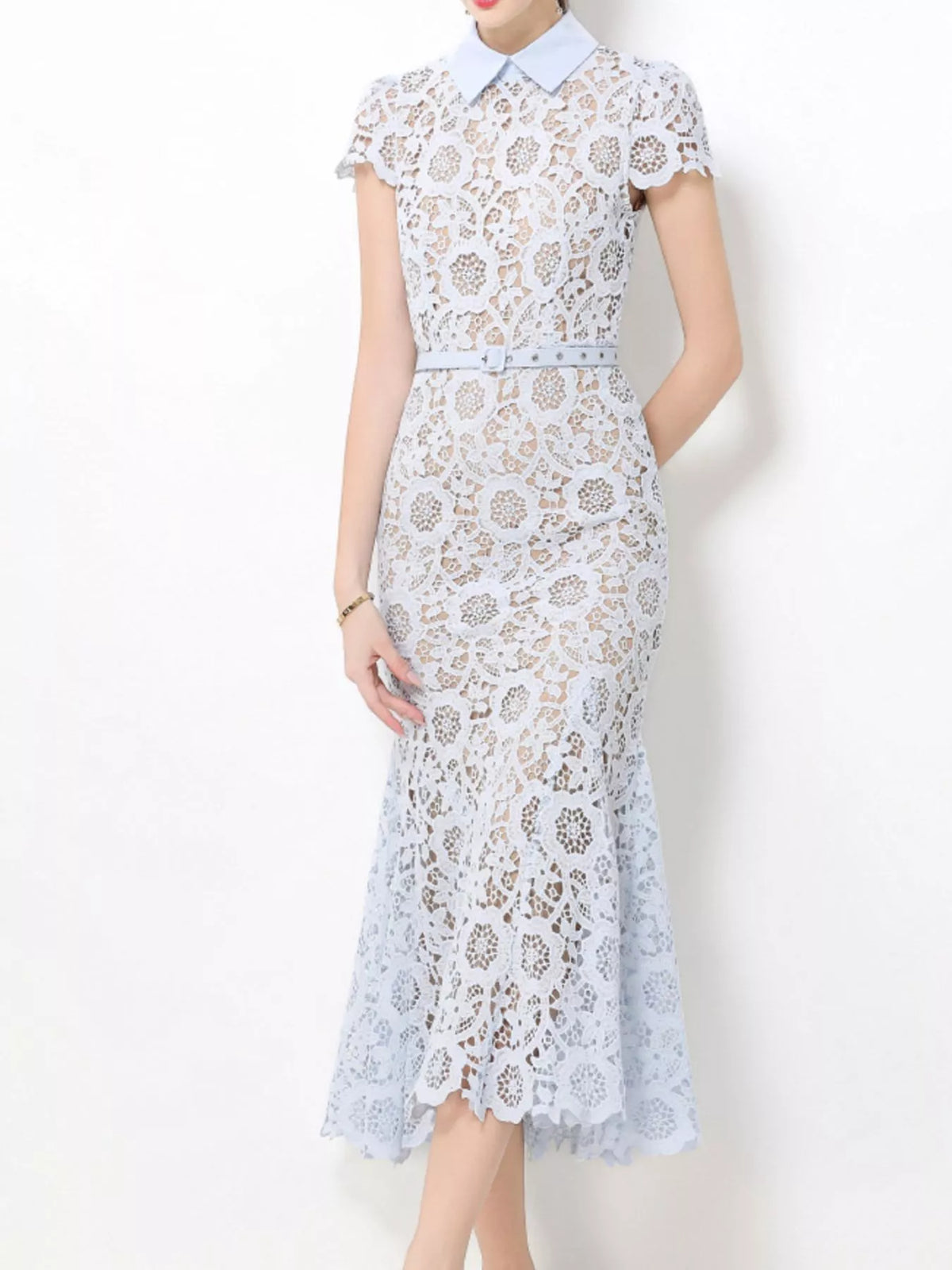 Lace Short-Sleeve Midi Dress