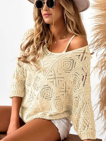 Openwork 3/4 Sleeve Knit Cover Up