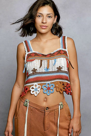 POL Cutout Flower Cropped Crochet Cami with Dangle Detail