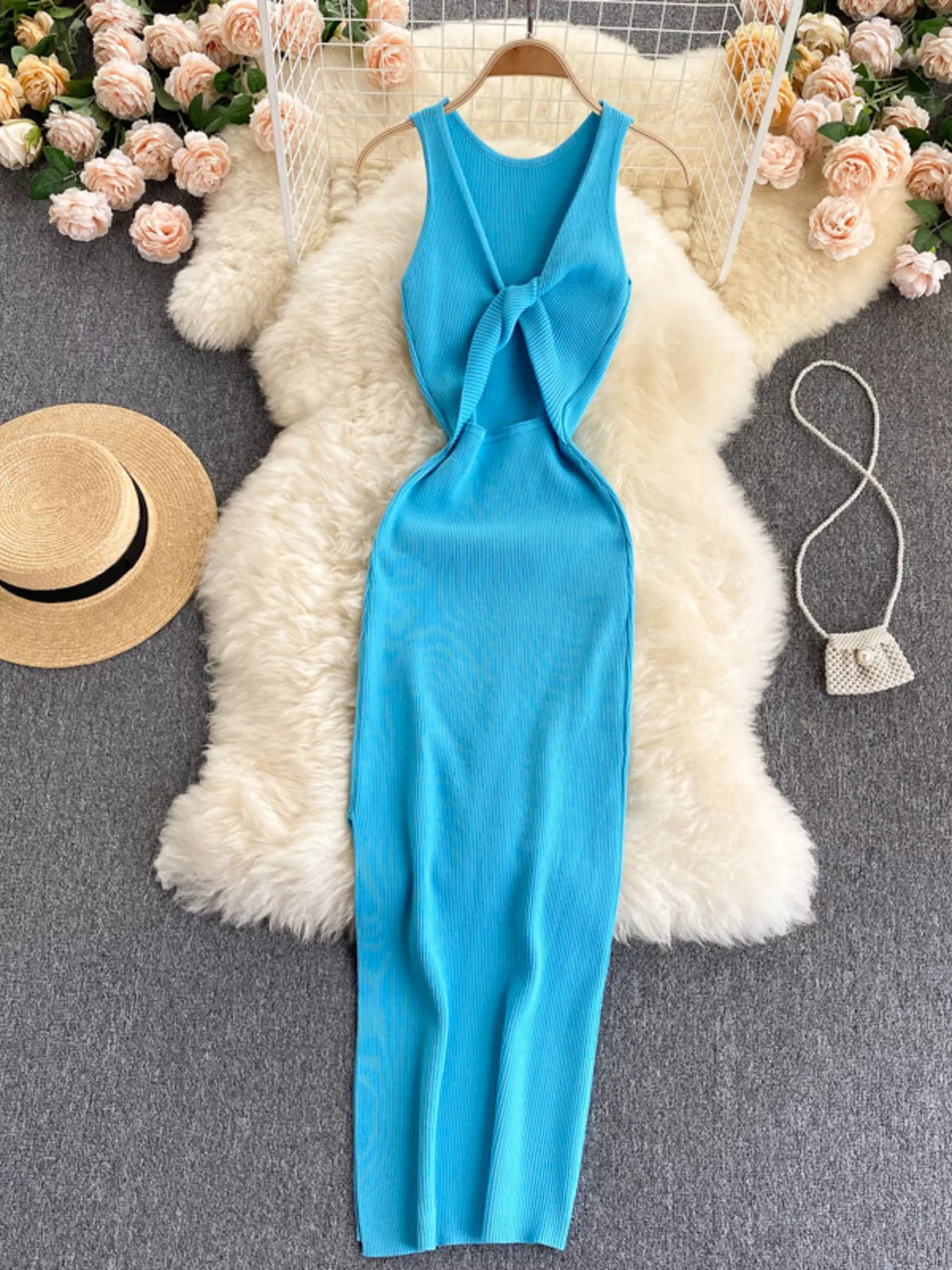 Knot Back Sleeveless Knit Bodycon Midi Dress
