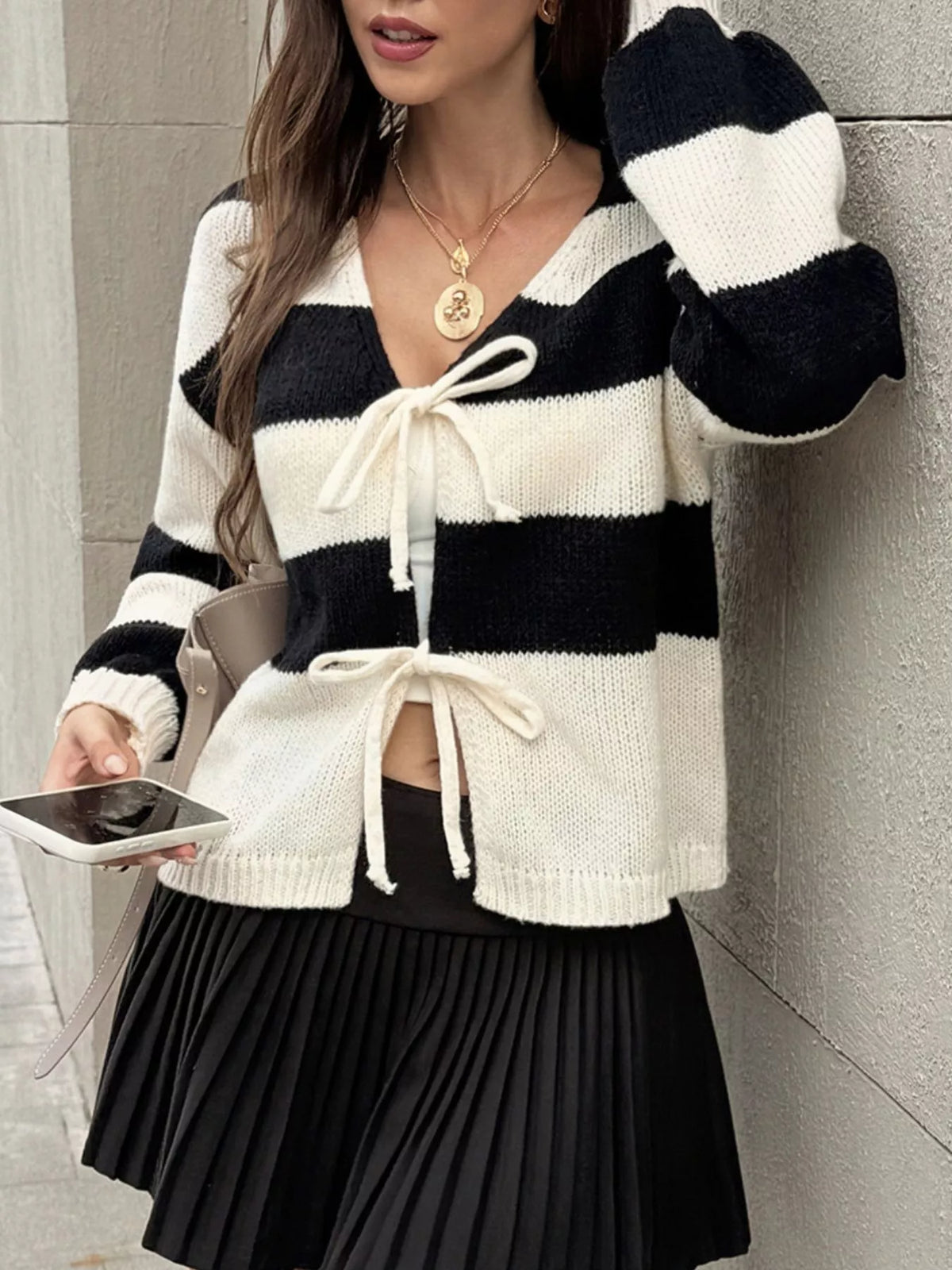 Striped Tie-Front Knit Cardigan