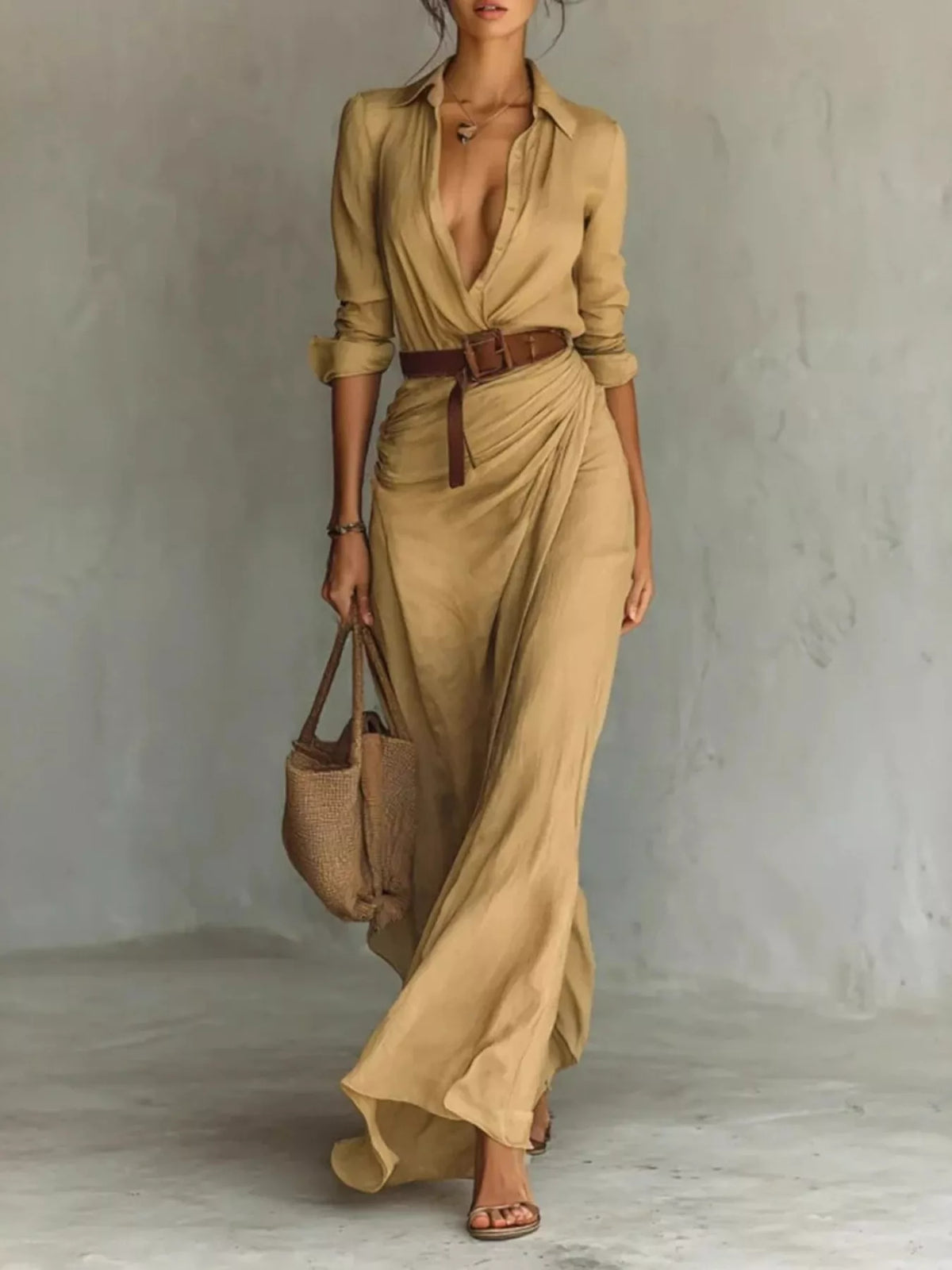 Full Size Elegant V-Neck Ruched Maxi Dress with Belt Plus Size
