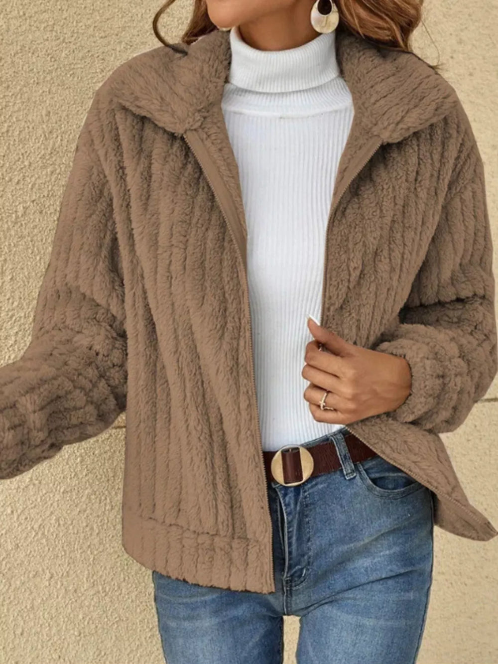 Full Size Zip Up Long Sleeve Texture Jacket Plus Size