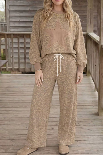 Leopard Print Star Embellished Sweatshirt and Pants Set