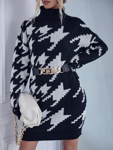 Houndstooth Pattern Turtleneck Sweater Dress