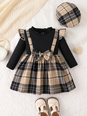 Children's Ruffled Plaid Dress & Hat Set