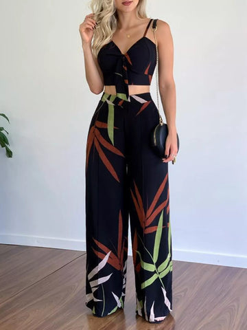 Tropical Print Spaghetti Strap Crop Top and Wide Leg Pants Set
