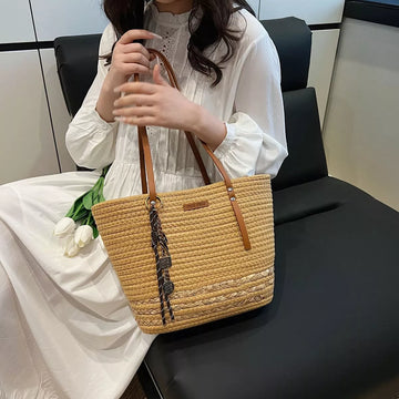 Woven Straw Tote Handbag with Leather Straps