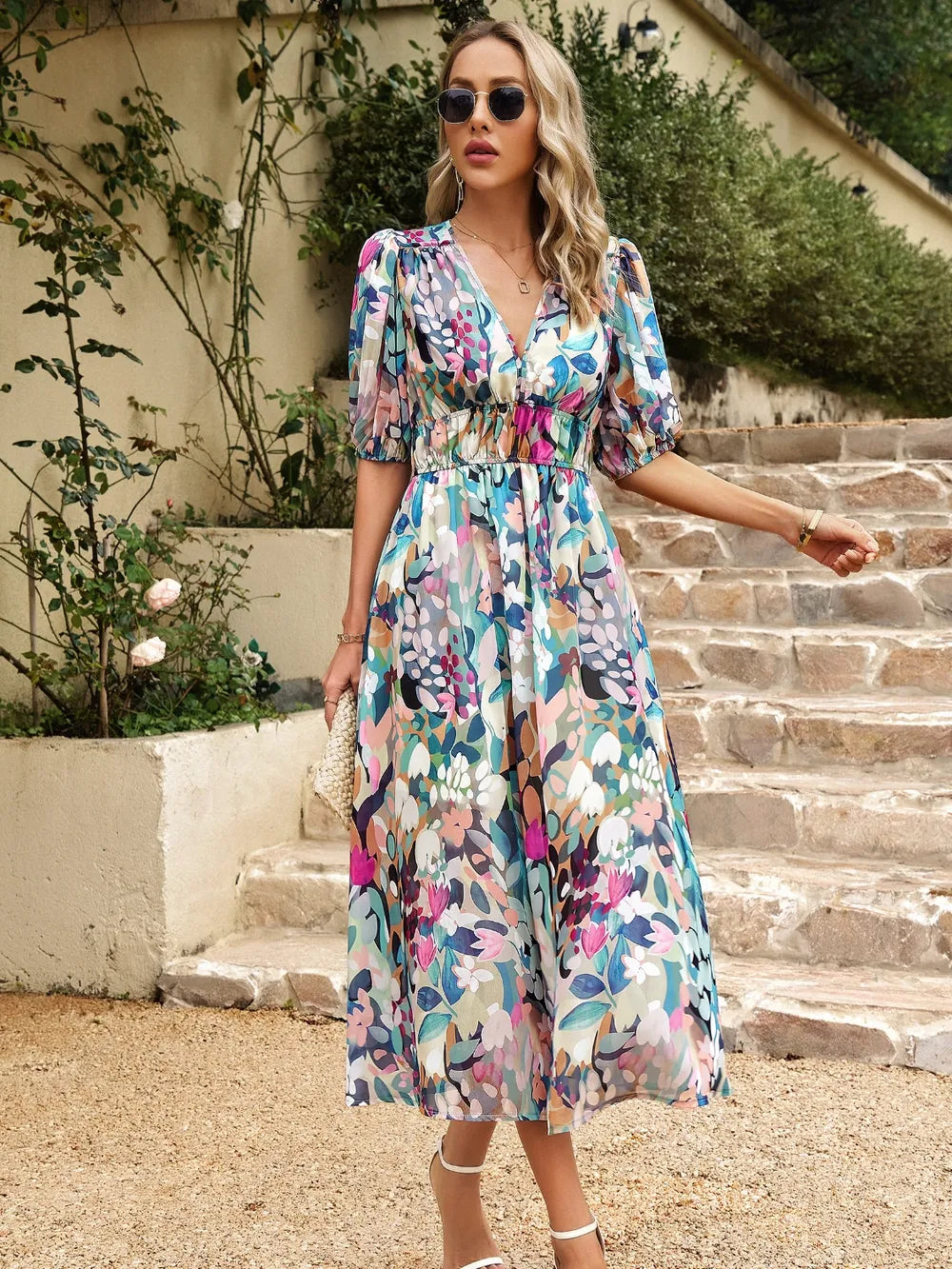 Devine Smocked Printed V Neck Half Sleeve Midi Dress