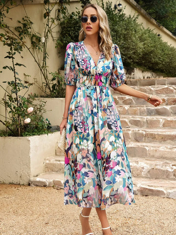 Devine Smocked Printed V Neck Half Sleeve Midi Dress