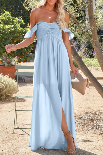 Off Shoulder Sheer Slit Maxi Dress