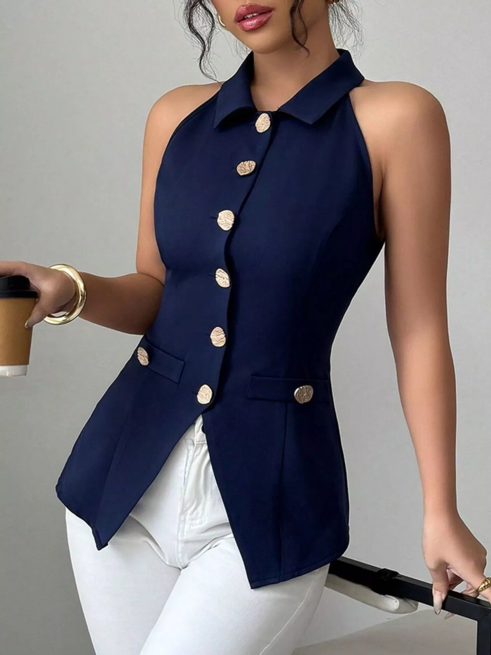 Sleeveless Lapel Collar Button-Down Vest