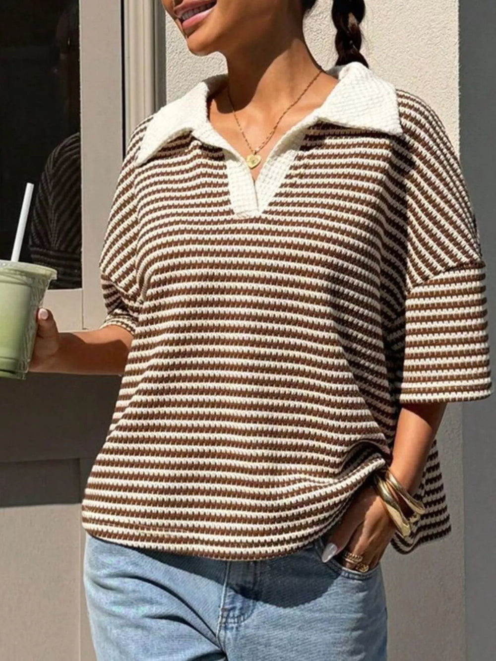Striped Knit 3/4 Sleeve Polo Top