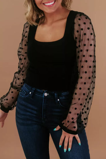 Mesh Patchwork Square Neck Blouse