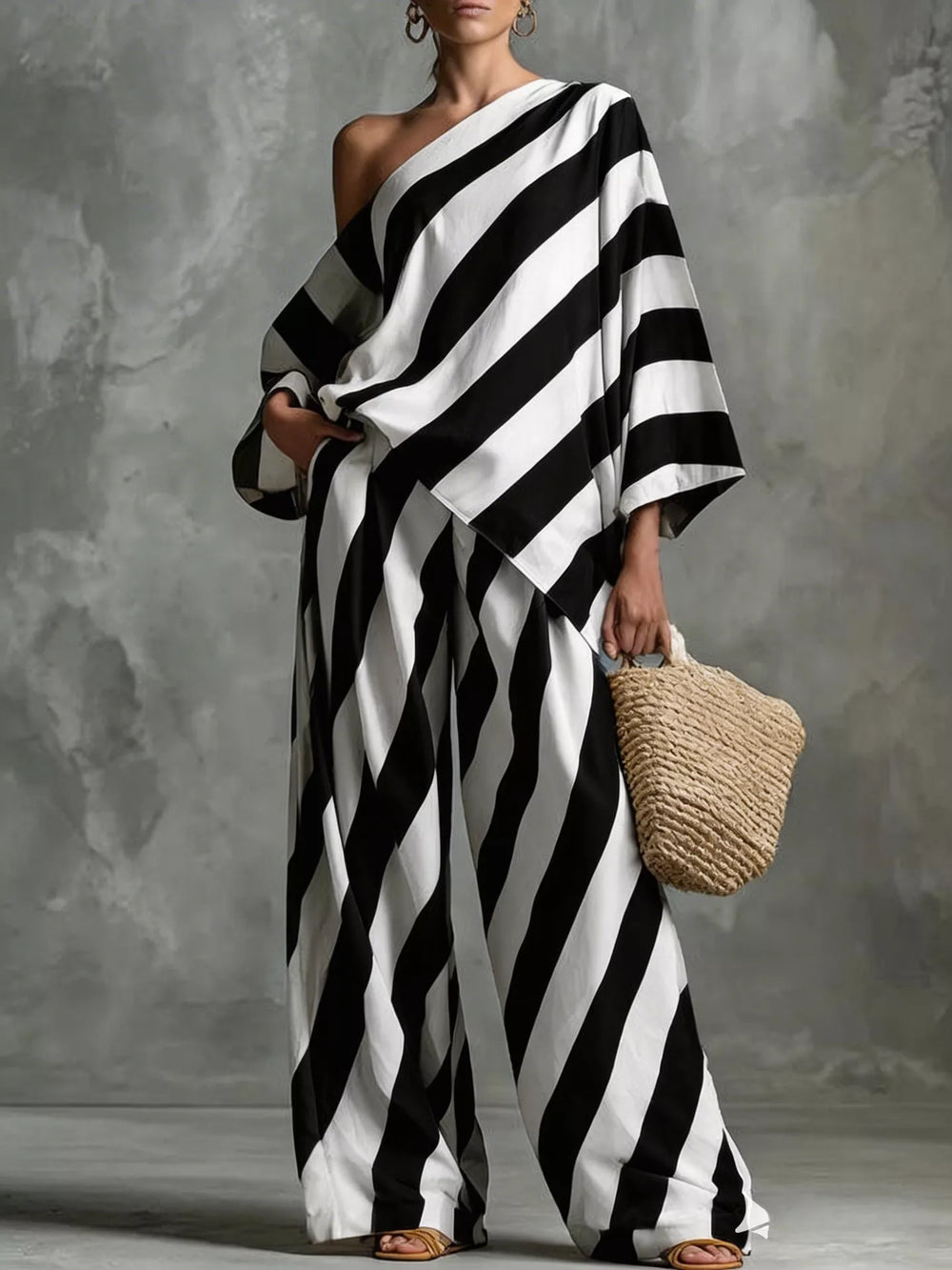 Full Size One-Shoulder Striped Top and Wide-Leg Pants Set Plus Size