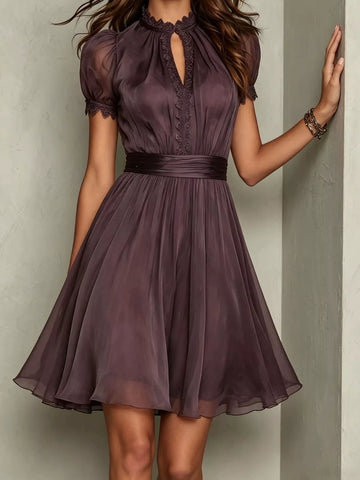 Full Size Lace Trim Puff Sleeve A-Line Dress Plus Size