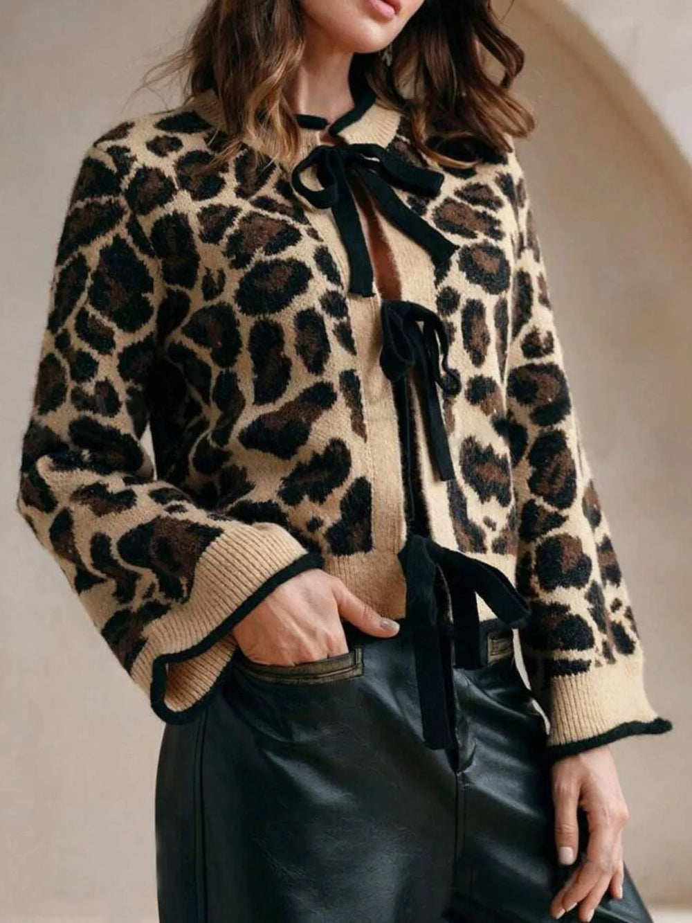 Leopard Print Bow Tie Front Cropped Cardigan