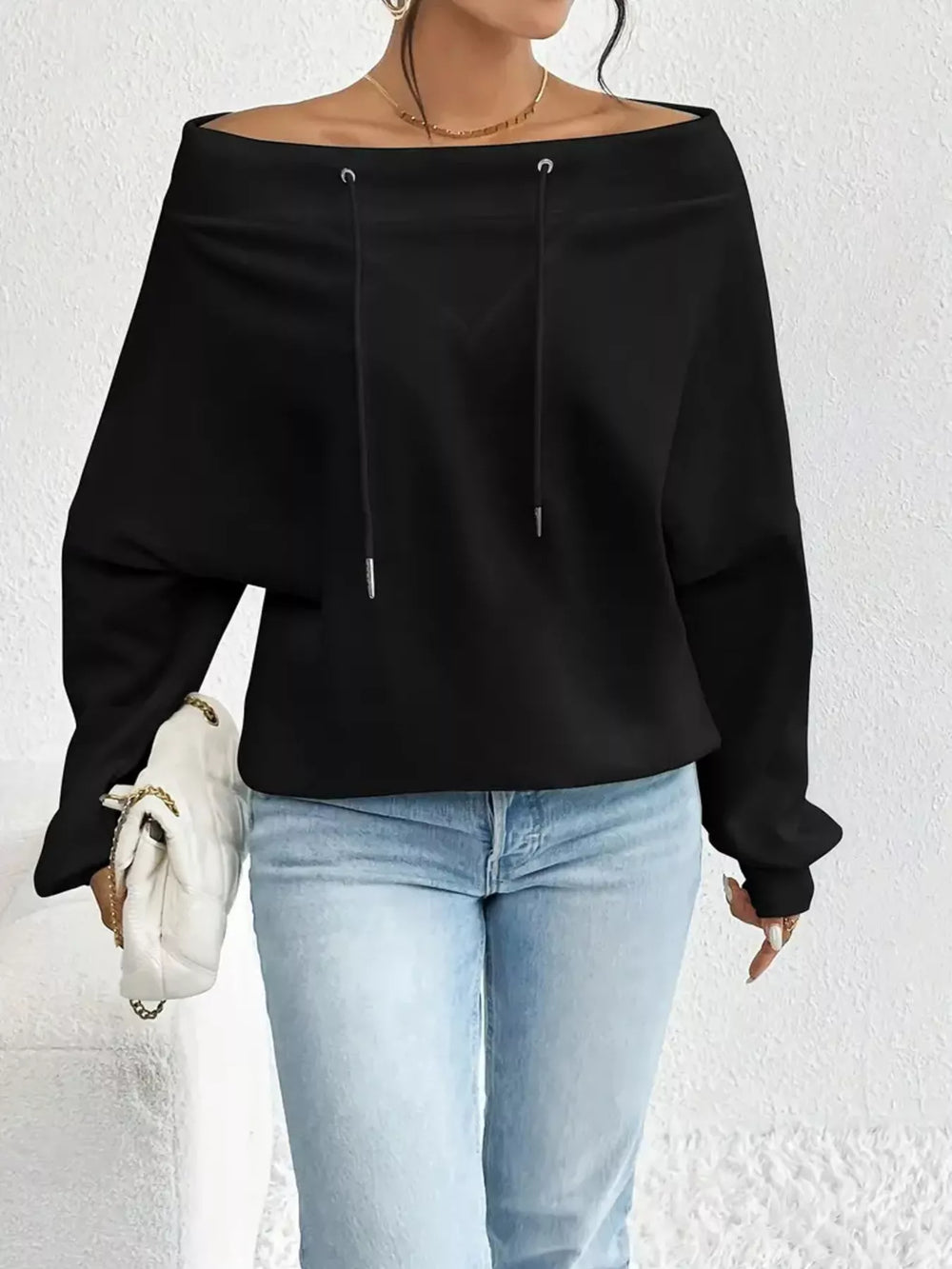 Full Size Off Shoulder Drawstring Long Sleeve Top Plus Size