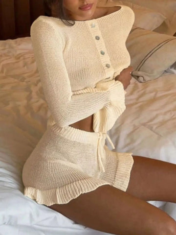 Button Up Cardigan and Shorts Sweater Set
