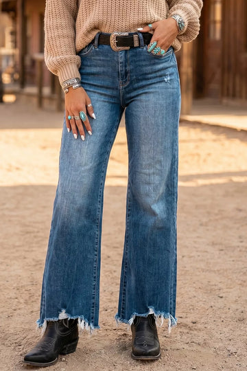 High Waist Frayed Hem Flare Jeans