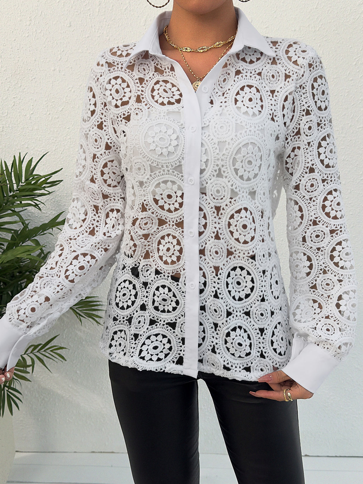 Lace Button Up Long Sleeve Shirt