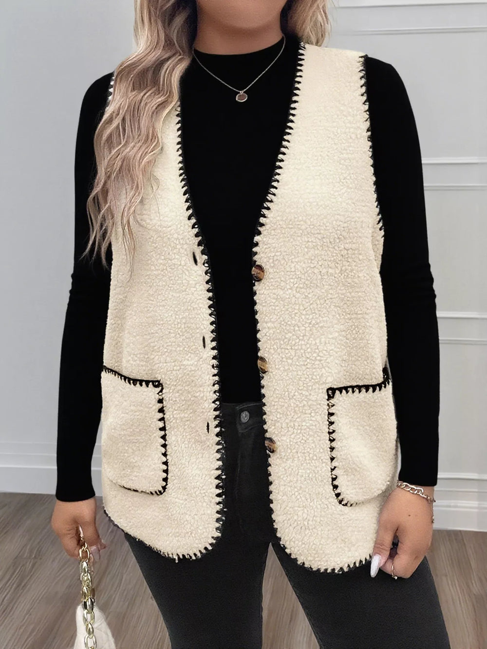 Plus Size Contrast-Trim Button-Up Vest