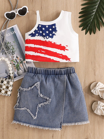 Children's American Flag Tank Top & Star Denim Skirt Set