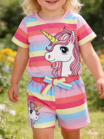 Children's Rainbow Striped Unicorn T-Shirt and Shorts Set