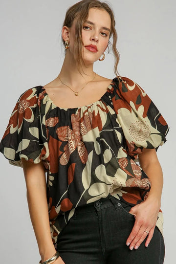 Umgee Full Size Print Round Neck Puff Sleeve Top Plus Size
