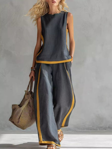 Contrast Stripe Sleeveless Top & Wide Leg Pants Set